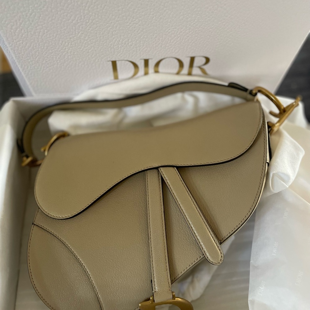 Dior Tan Shoulder Bag with Iconic Shape and Gold Hardware